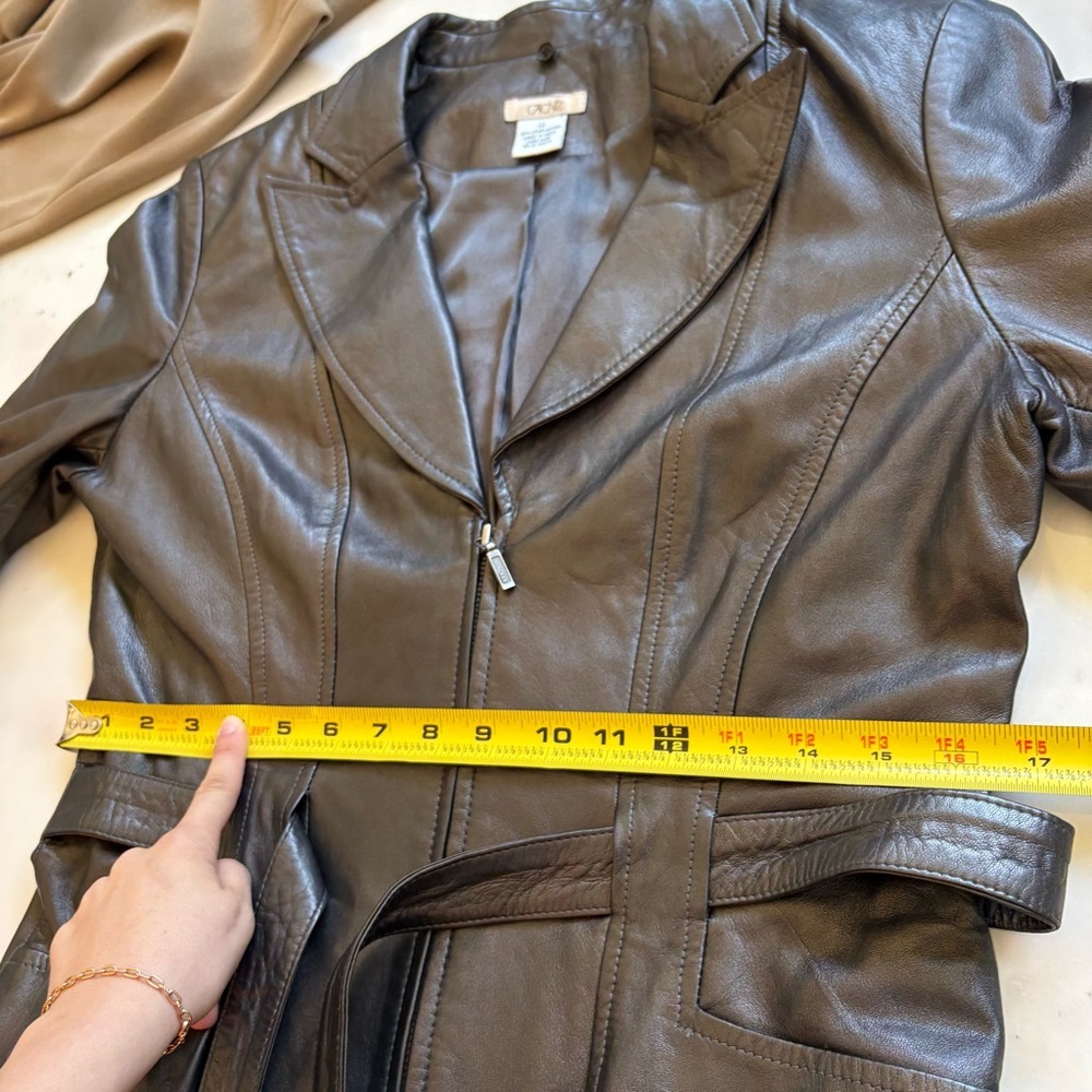 Cache Lamb Leather Jacket Motto Belted Tie 10 Vintage 90s Blazer Fitted Short M - Picture 9 of 10
